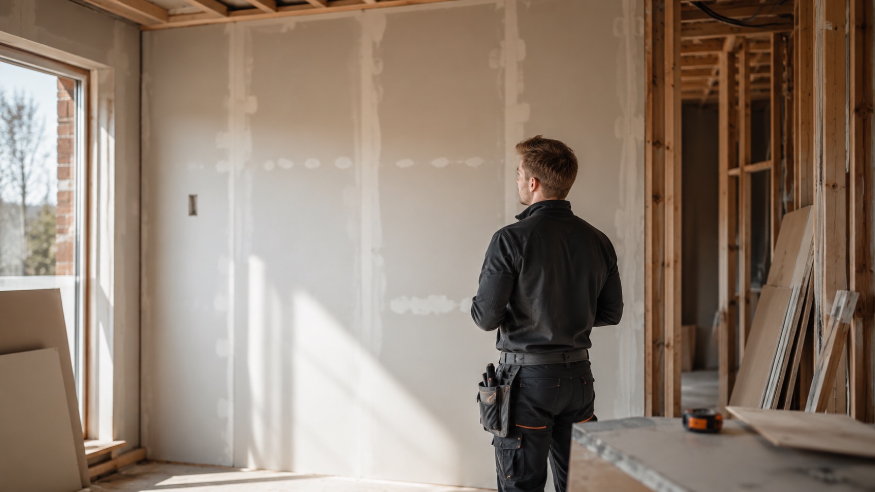 Handwerker vor frisch gestellter Trockenbauwand